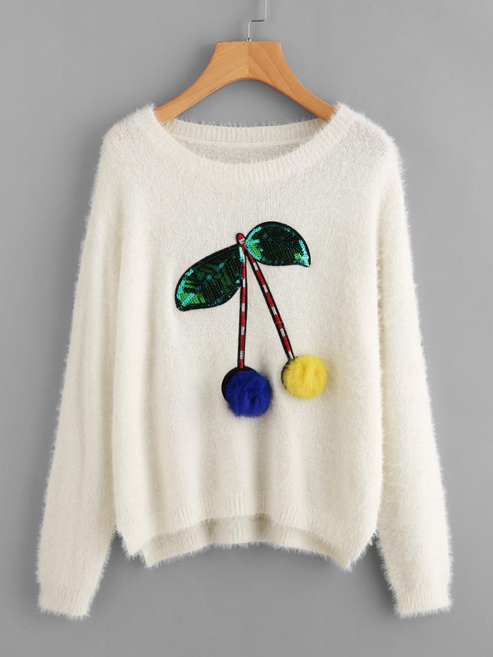 Shein Sequined Pom Pom Cherry Sweater