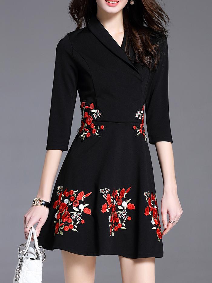 Shein V Neck Flowers Embroidered Dress