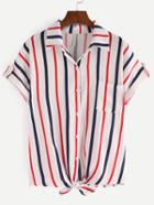 Shein Knot-front Rolled Sleeve Multicolor Vertical Striped Blouse