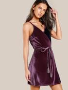 Shein Self Belt Surplice Wrap Contrast Velvet Dress