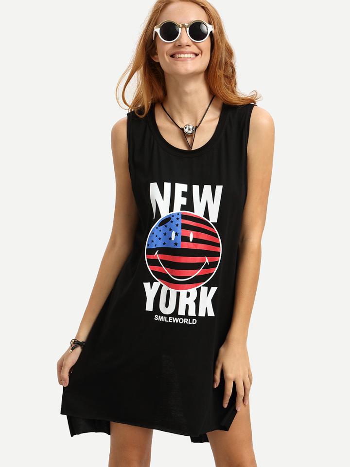 Shein Black Dip Hem Letters Print Split Tank Dress