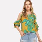 Shein Tropical Print Open Shoulder Frill Trim Blouse