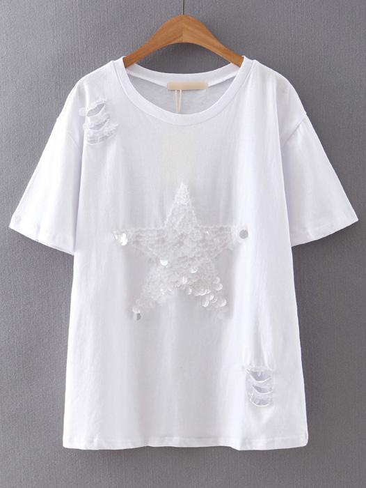 Shein White Star Sequined Ripped T-shirt