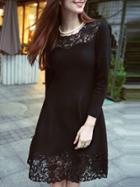 Shein Black Round Neck Long Sleeve Knit Contrast Lace Dress