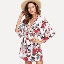 Shein Bell Sleeve Knot Botanical Romper