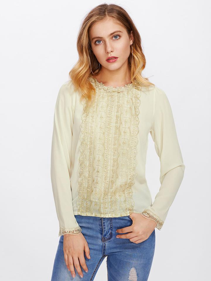 Shein Embroidered Lace Trim Pearl Detail Blouse