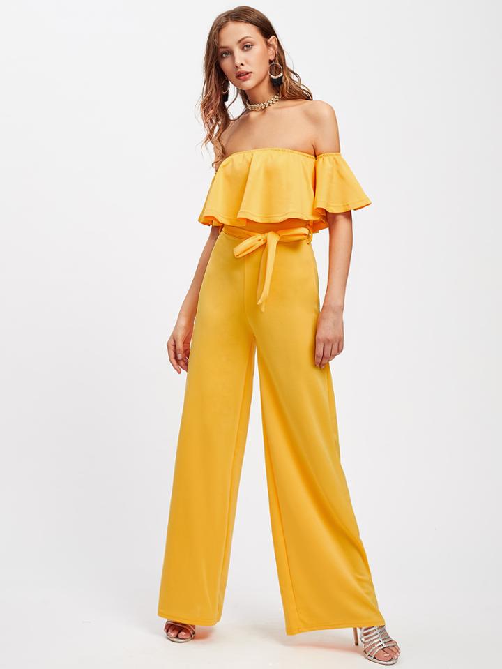 Shein Flounce Layered Neckline Tie Waist Jumpsuit