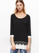 Shein Black Lace Trim Contrast Cuff And Hem T-shirt