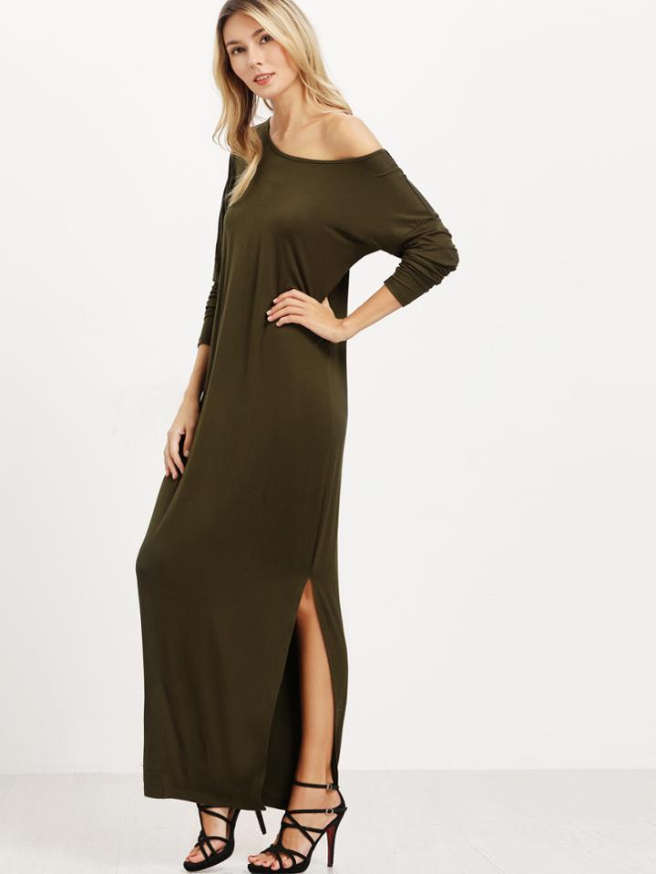 Shein Oblique Shoulder Boatneck Bat Sleeve Slit Dress