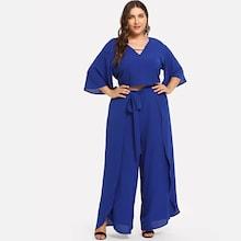Shein Plus V-neck Solid Top & Flare Wide Leg Pants Set