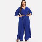 Shein Plus V-neck Solid Top & Flare Wide Leg Pants Set