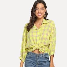 Shein Bow Tie Back Cut Out Tartan Plaid Shirt