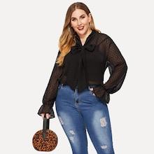 Shein Plus Tie Neck Dot Jacquard Blouse Without Cami