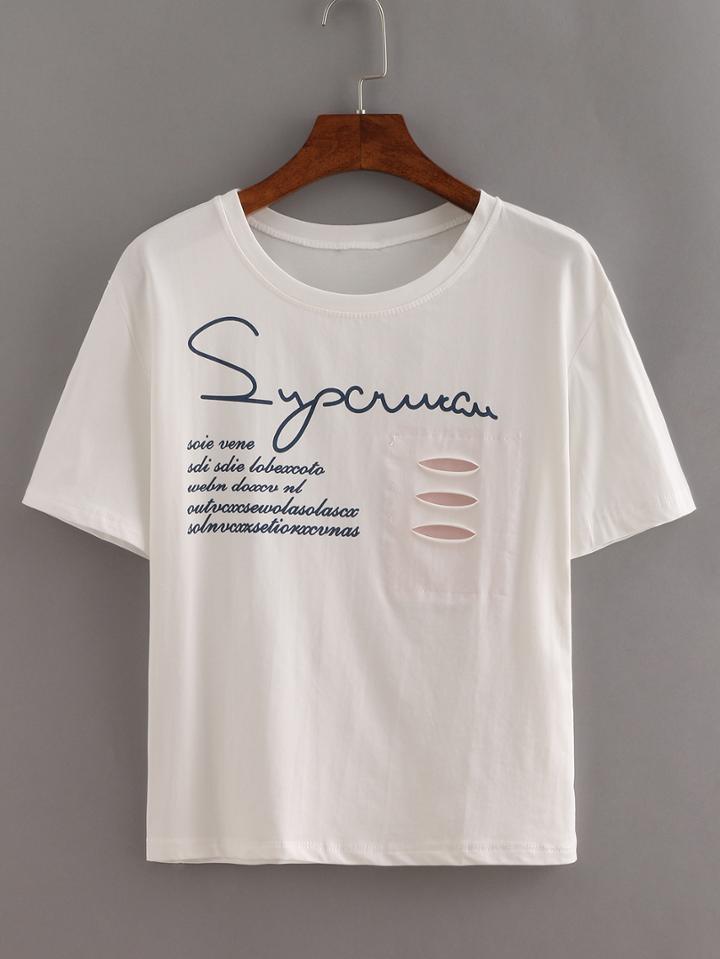 Shein Ripped Letter Print T-shirt - White