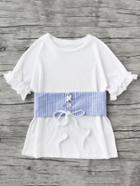 Shein Ruffle Sleeve Tee With Lace Up Pinstripe Belt