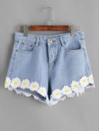 Shein Flower Appliques Raw Hem Denim Shorts