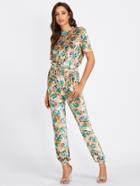 Shein Drawstring Waist Tropical Print Velvet Jumpsuit