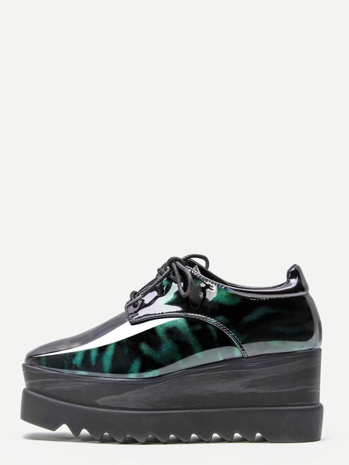 Shein Green Patent Leather Wedge Flatform Derby Shoes