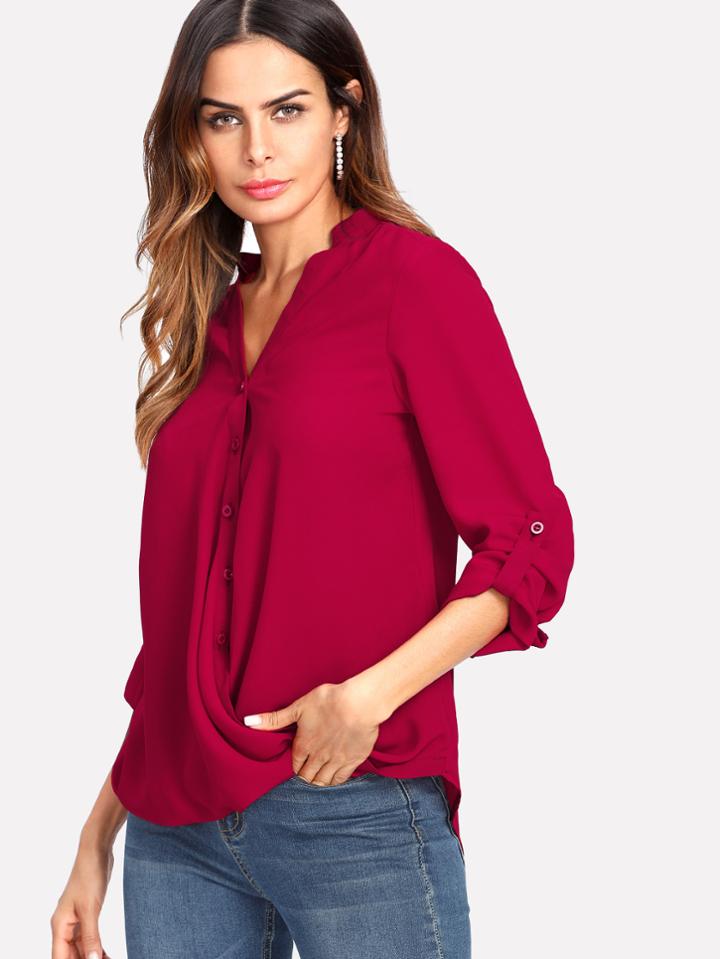 Shein Button Up Front Dip Hem Blouse