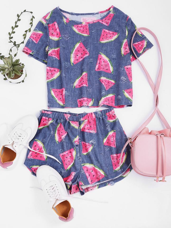 Shein Watermelon Print Frayed Dot Tee And Shorts Set