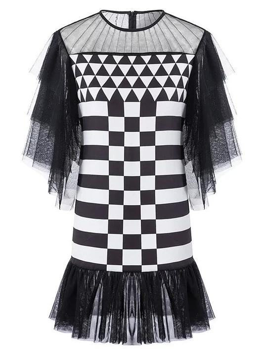 Shein Black White Sheer Mesh Geometric Print Dress