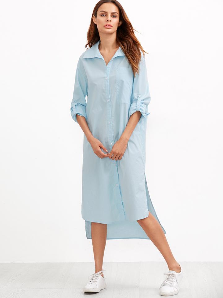 Shein Blue Roll Sleeve Side Slit High Low Shirt Dress