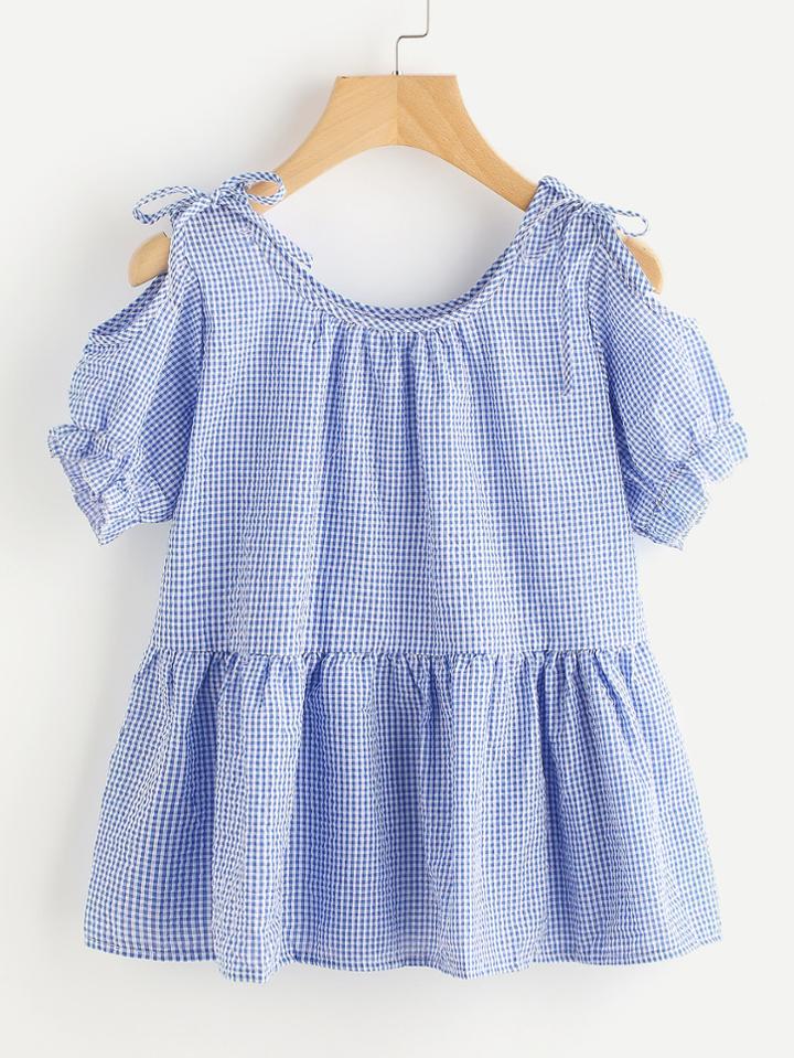Shein Gingham Open Shoulder Tie Detail Frill Blouse