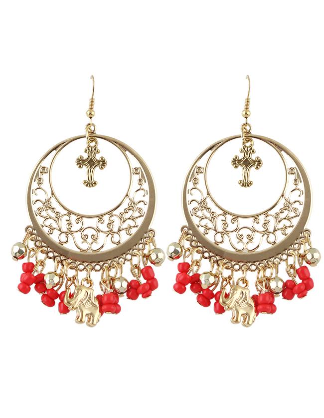 Shein Red Ethnic Style Beads Tassel Large Chandelier Earrings