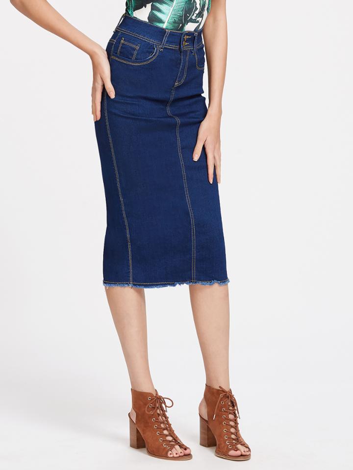 Shein Dark Blue Slit Back Raw Hem Denim Skirt