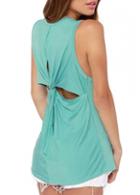 Rosewe Round Neck Ruched Back Green Tank Top