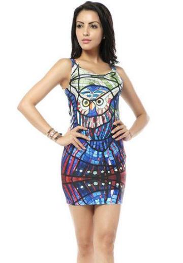 Shein Blue Elastic Owl Geometric Print Tank Dress
