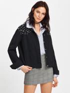 Shein Pearl Beading Patch Pocket Ripped Jacket