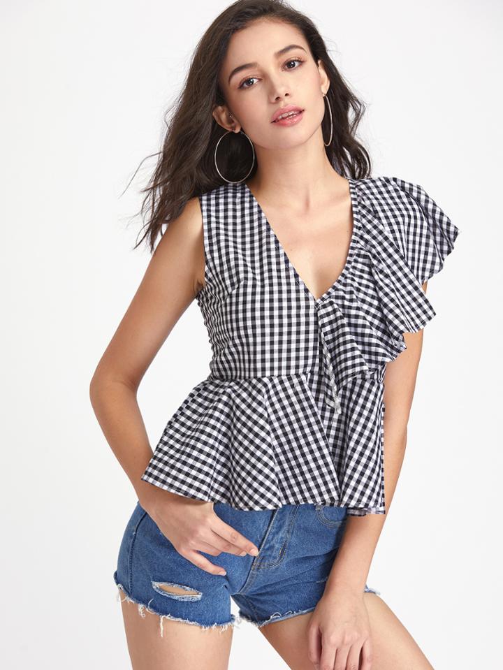 Shein V Neckline Frill Trim Gingham Top