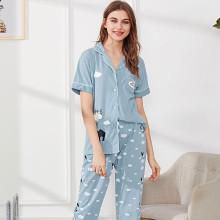 Shein Contrast Binding Cloud Print Shirt & Pants Pj Set