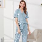 Shein Contrast Binding Cloud Print Shirt & Pants Pj Set