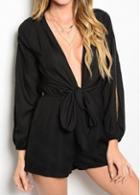 Rosewe Deep V Neck Long Sleeve Belted Romper