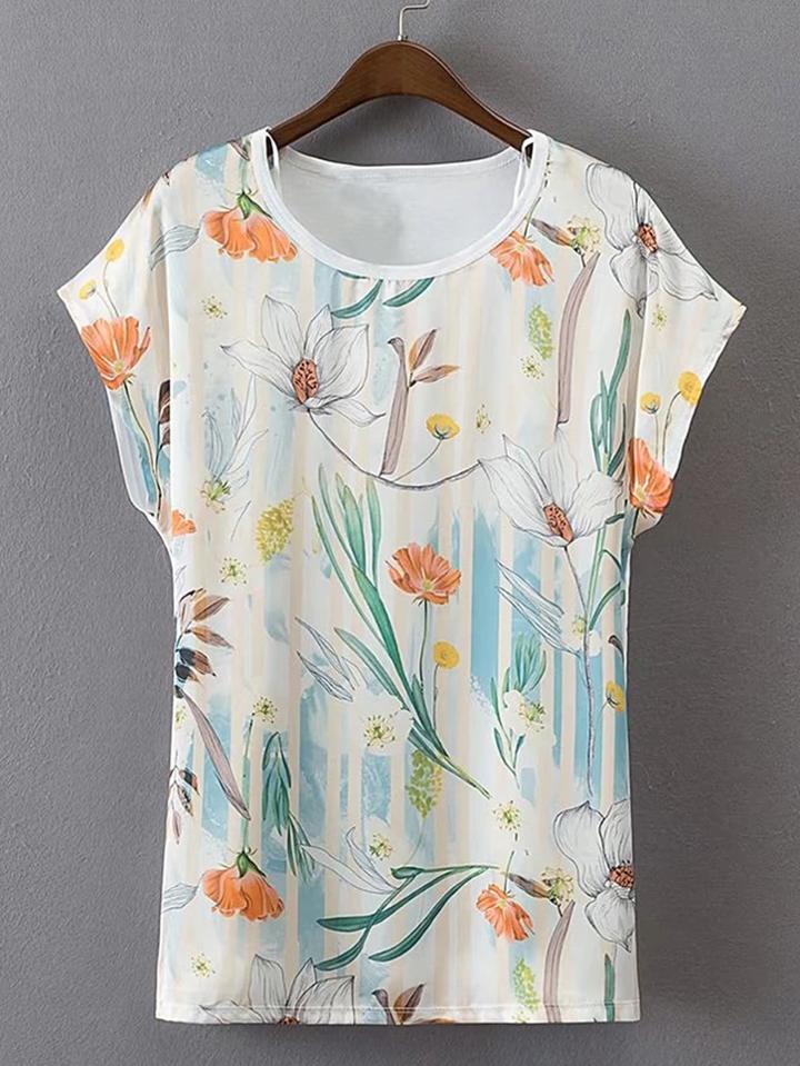 Shein Batwing Sleeve Flower Print Tee