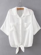 Shein White Pockets Buttons Front Self-tie Bow Lapel Blouse