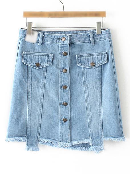 Shein Blue Fringe Pockets Bottons Front Denim Skirt