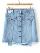 Shein Blue Fringe Pockets Bottons Front Denim Skirt