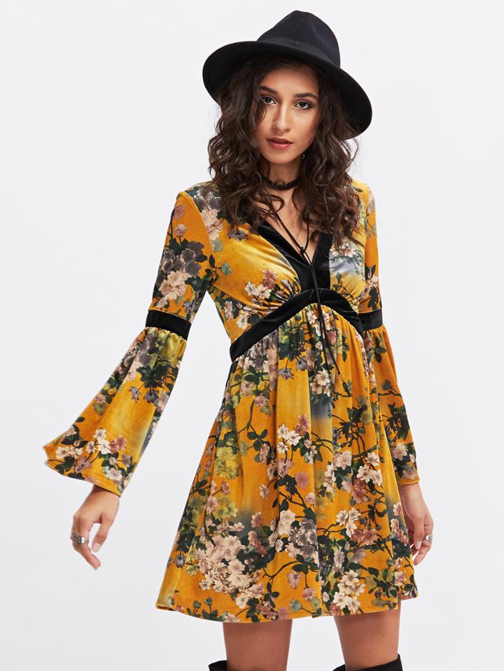 Shein Trumpet Sleeve Contrast Panel Botanical Velvet Swing Dress