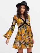 Shein Trumpet Sleeve Contrast Panel Botanical Velvet Swing Dress