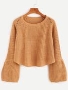 Shein Camel Ribbed Knit Eyelet Bell Cuff Sweater