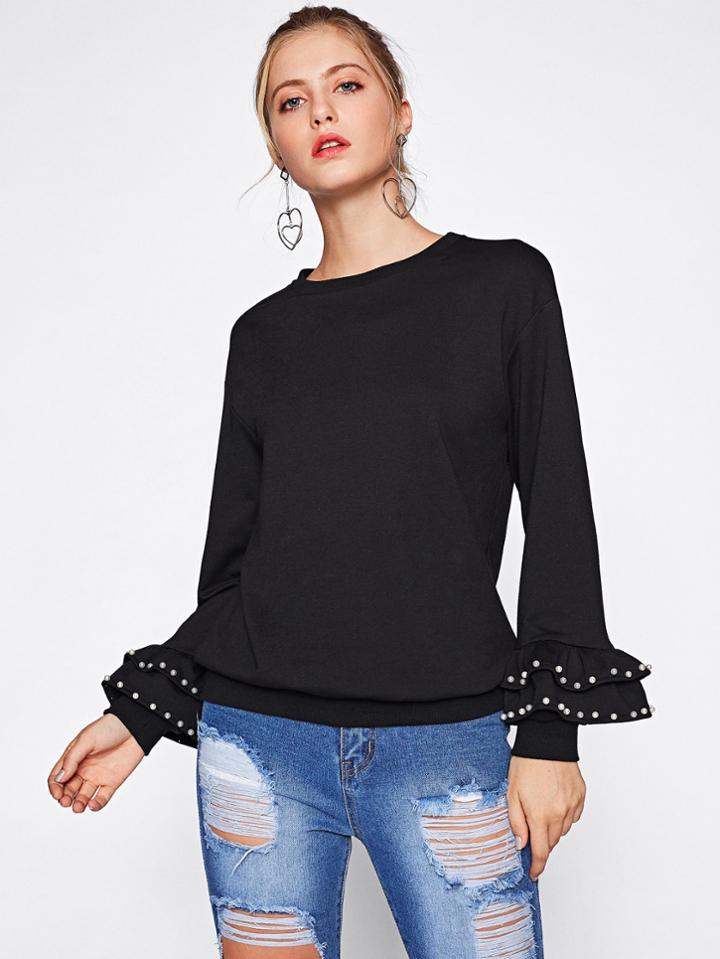 Shein Pearl Beading Tiered Bell Cuff Sweatshirt