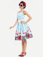 Shein Contrast Striped Flamingo Print Belted Fit & Flare Dress