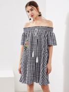Shein Tassel Tie Smocked Off Shoulder Checkered Trapeze Dress