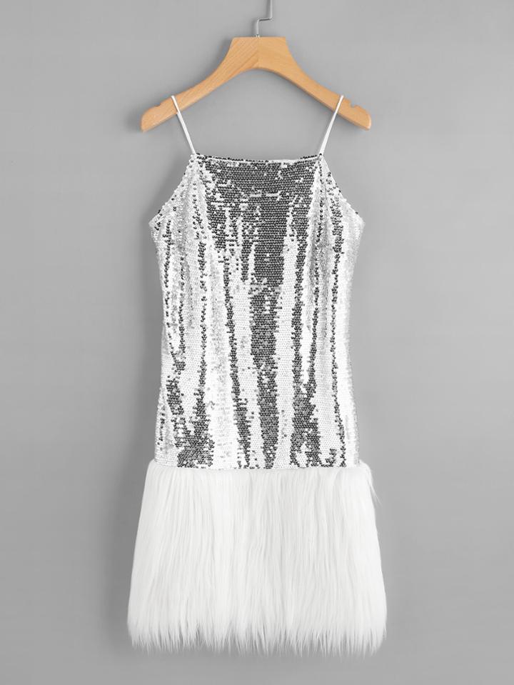 Shein Contrast Faux Fur Hem Metallic Sequin Cami Dress