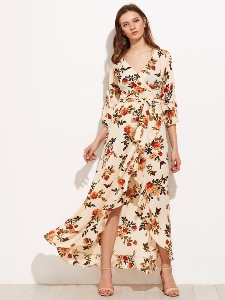 Shein Gathered Sleeve Frill Trim Surplice Wrap Dress