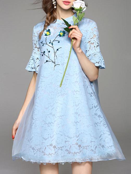 Shein Blue Bell Sleeve Beading Organza Lace Dress