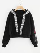 Shein Letter Tape Detail Embroidered Crop Hoodie